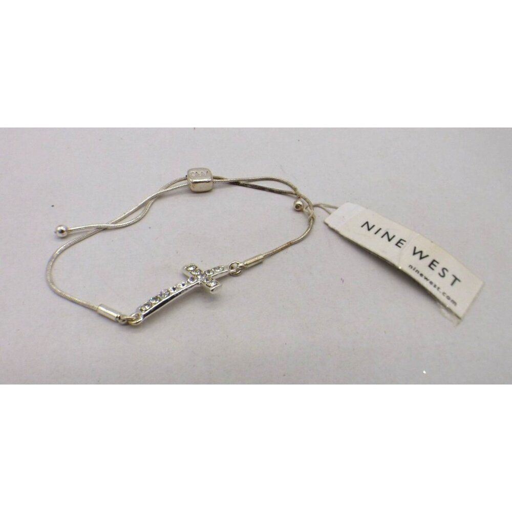 Nine West Silver and Crytal Sideways Cross Bolo Bracelet